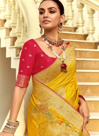 Yellow Pure Dola Contemporary Sari