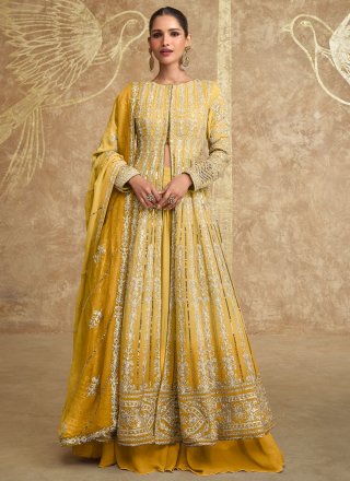 Yellow Pure Georgette Readymade Lehenga Choli In Plain