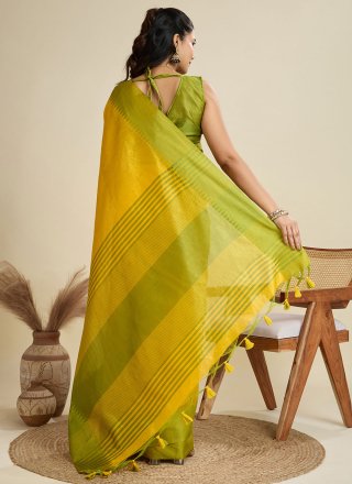 Yellow Raw Silk Designer Sari with Thread and Woven Work