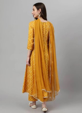 Yellow Rayon Anarkali Suit with Embroidered and Print Work