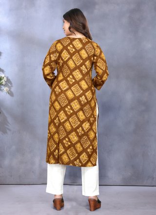 Yellow Rayon Designer Kurti with Print Work