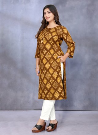 Yellow Rayon Designer Kurti with Print Work