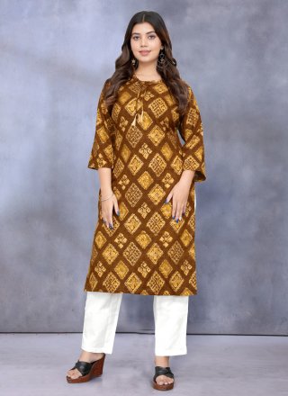 Yellow Rayon Designer Kurti with Print Work