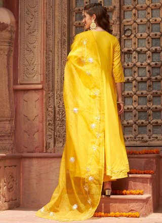 Yellow Rayon Embroidered and Lace Work Floor Length Salwar Suit