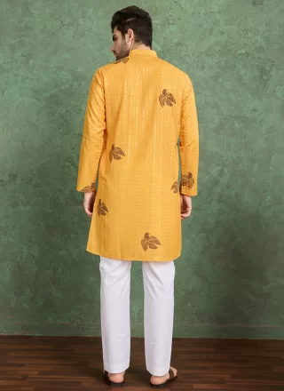 Yellow Rayon Fancy, Print and Zari Work Kurta Mens Wear