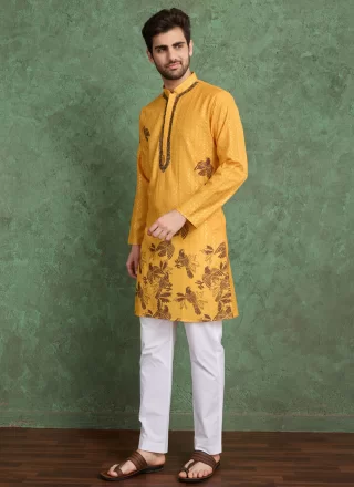 Yellow Rayon Fancy, Print and Zari Work Kurta Mens Wear