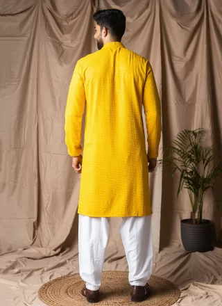 Yellow Rayon Kurta Pyjama with Aari, Embroidered and Thread Work
