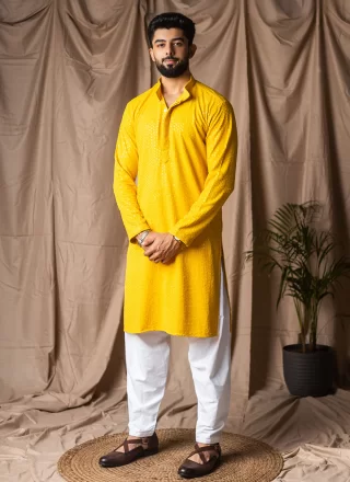 Yellow Rayon Kurta Pyjama with Aari, Embroidered and Thread Work