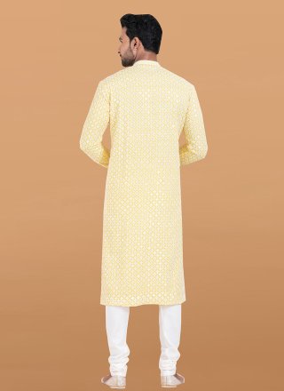 Yellow Rayon Kurta Pyjama with Embroidered and Sequins Work for Men