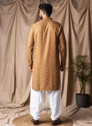Yellow Rayon Kurta Pyjama with Embroidered and Thread Work