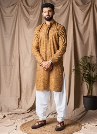 Yellow Rayon Kurta Pyjama with Embroidered and Thread Work