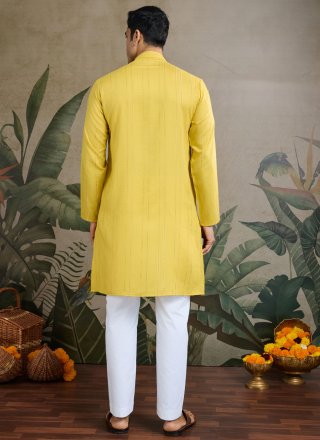 Yellow Rayon Mirror Work Kurta Mens Wear