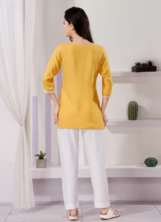 Yellow Rayon Party Wear Kurti with Embroidered Work for Festival