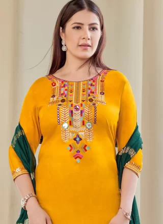 Yellow Rayon Readymade Salwar Suit with Embroidered Work