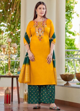 Yellow Rayon Readymade Salwar Suit with Embroidered Work