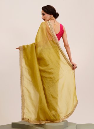 Yellow Satin Blend Sequins Work Classic Sari for Ceremonial