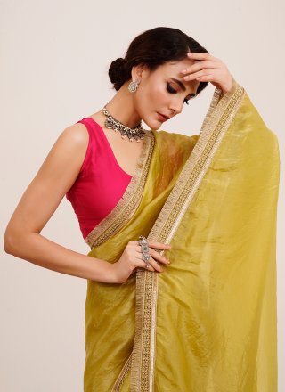 Yellow Satin Blend Sequins Work Classic Sari for Ceremonial