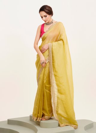 Yellow Satin Blend Sequins Work Classic Sari for Ceremonial