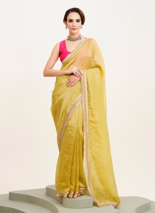 Yellow Satin Blend Sequins Work Classic Sari for Ceremonial