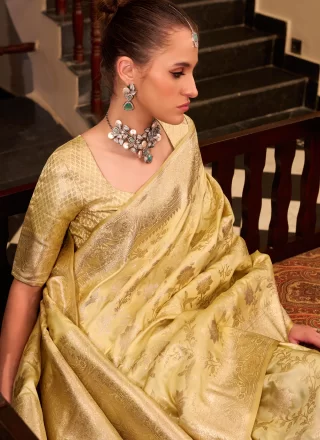Yellow Satin Silk Classic Saree with Weaving and Zari Work