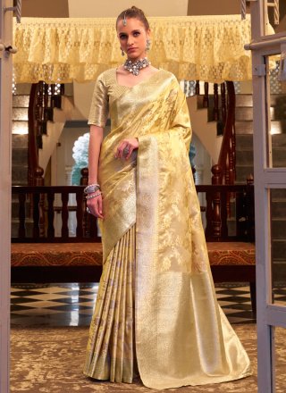 Yellow Satin Silk Classic Saree with Weaving and Zari Work