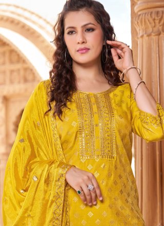 Yellow Shimmer Pant Style Suit with Embroidered and Print Work for Casual