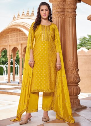 Yellow Shimmer Pant Style Suit with Embroidered and Print Work for Casual