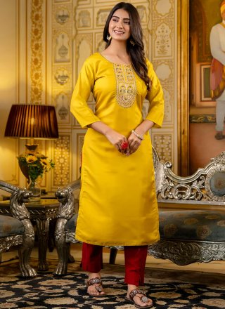 Yellow Shimmer Party Wear Kurti with Embroidered Work