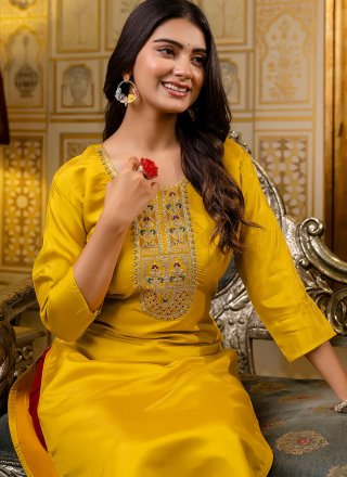 Yellow Shimmer Party Wear Kurti with Embroidered Work