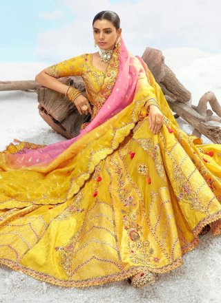 Yellow Silk A - Line Lehenga Choli with Embroidered, Sequins, Stone, Thread and Zari Work for Engagement