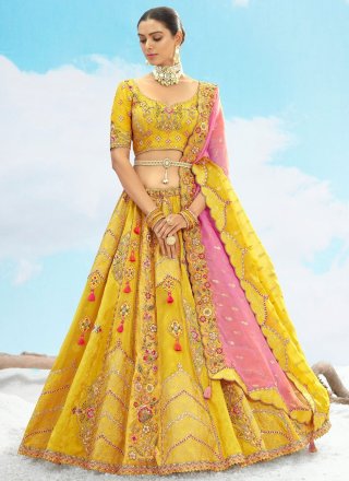Yellow Silk A - Line Lehenga Choli with Embroidered, Sequins, Stone, Thread and Zari Work for Engagement