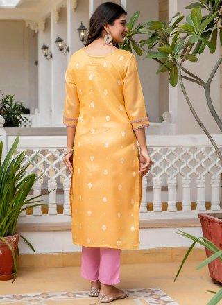 Yellow Silk Blend Embroidered and Zari Work Party Wear Kurti for Casual