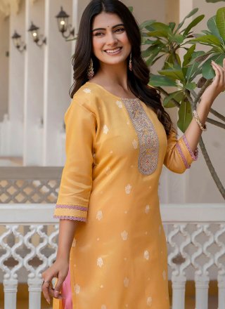 Yellow Silk Blend Embroidered and Zari Work Party Wear Kurti for Casual
