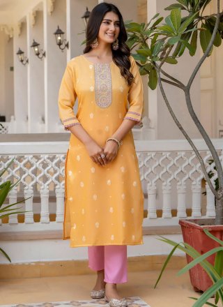 Yellow Silk Blend Embroidered and Zari Work Party Wear Kurti for Casual