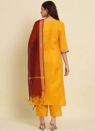 Yellow Silk Blend Embroidered Work Pant Style Suit