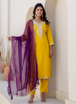 Yellow Silk Blend Embroidered Work Salwar Suit