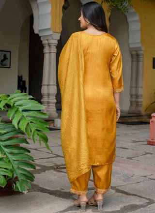 Yellow Silk Blend Embroidered Work Trendy Suit for Women