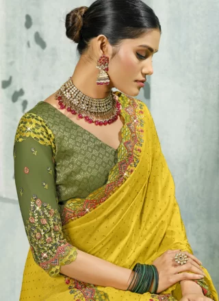 Yellow Silk Contemporary Sari with Patch Border, Cut, Embroidered, Fancy, Stone, Weaving and Zari Work