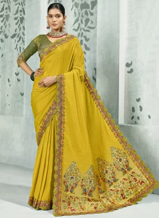 Yellow Silk Contemporary Sari with Patch Border, Cut, Embroidered, Fancy, Stone, Weaving and Zari Work