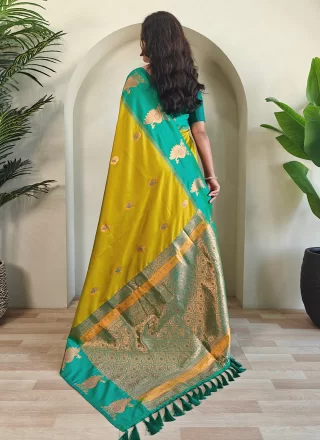 Yellow Silk Contemporary Sari with Weaving Work