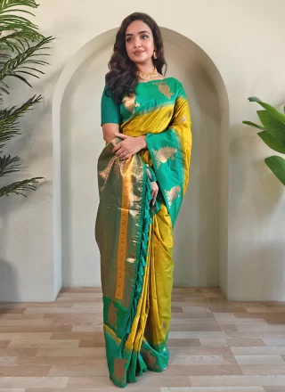 Yellow Silk Contemporary Sari with Weaving Work