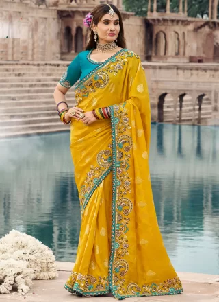 Yellow Silk Cut, Embroidered, Mirror, Stone and Woven Work Classic Saree for Engagement