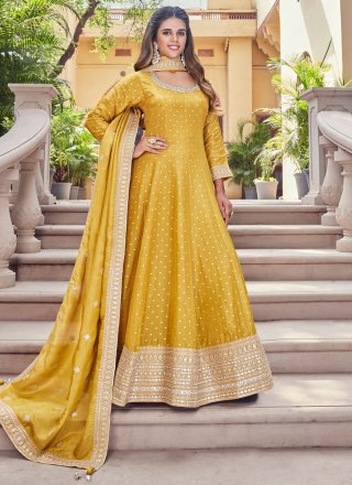 Yellow Silk Embroidered, Jacquard and Mirror Work  Designer Gown