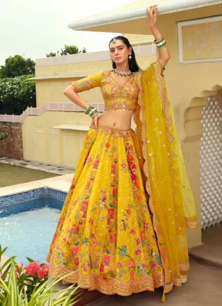 Yellow Silk Embroidered, Sequins and Zari Work Lehenga Choli for Engagement