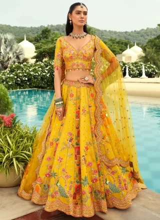 Yellow Silk Embroidered, Sequins and Zari Work Lehenga Choli for Engagement