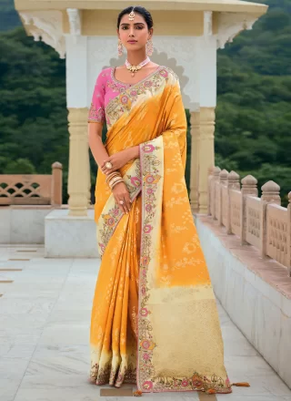 Yellow Silk Embroidered, Sequins, Weaving and Zari Work Designer Sari for Ceremonial