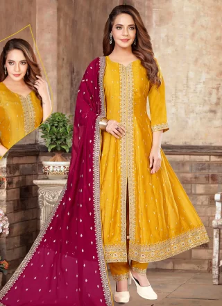 Yellow Silk Embroidered Work Floor Length Salwar Suit