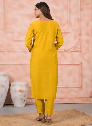 Yellow Silk Embroidered Work Salwar Suit for Casual