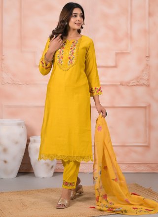 Yellow Silk Embroidered Work Salwar Suit for Casual