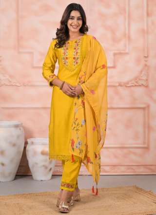 Yellow Silk Embroidered Work Salwar Suit for Casual